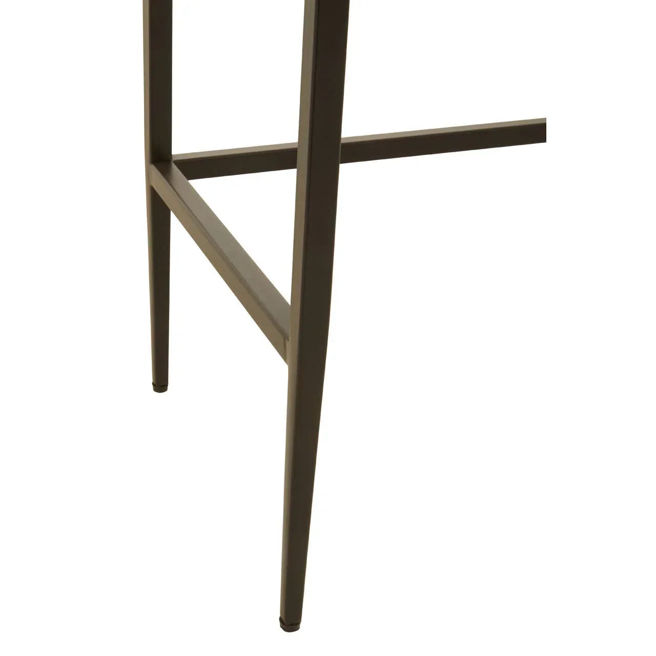 Metal chair legs with crossbar support in matte finish, closeup of furniture details