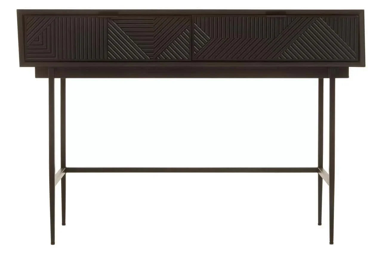 Dark wood console table with geometric carved drawers and slim metal legs