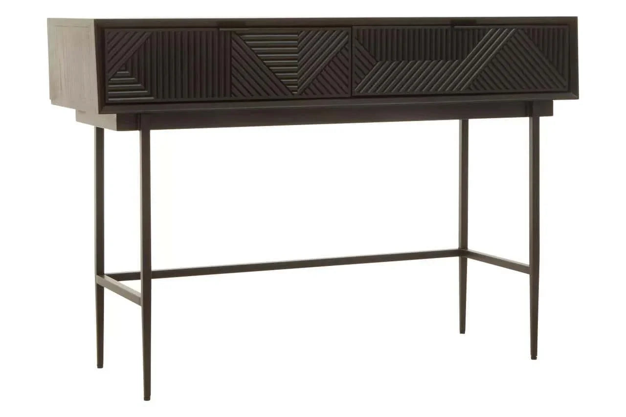 Dark wood console table with geometric carved drawer fronts and slim metal legs