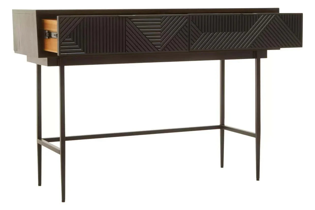 Black wooden console table with geometric drawer fronts and slim metal legs