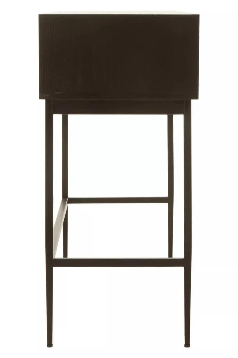 Slim black bedside table with single drawer and metal legs, side angle view
