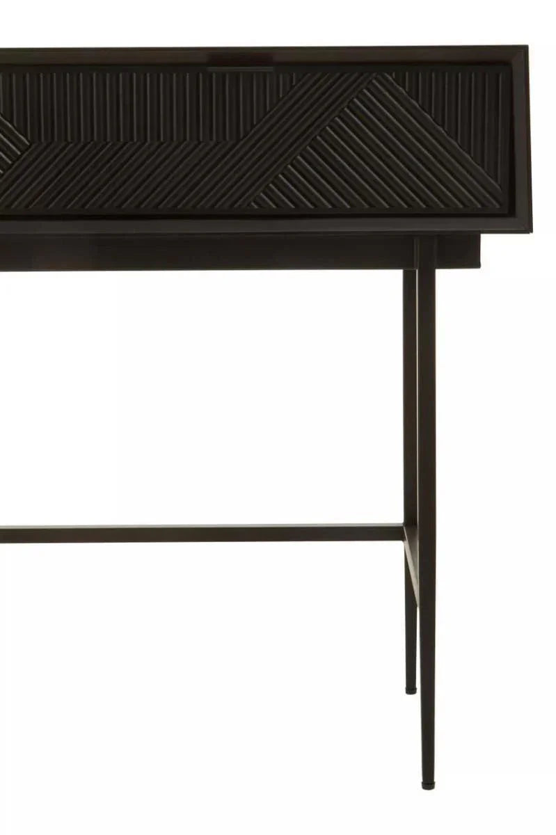 Black wooden console table with geometric drawer front and slim metal legs