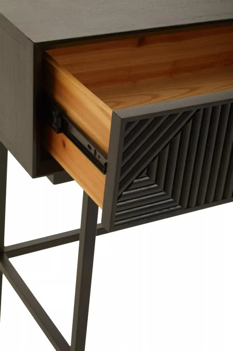 Black wood console table with open drawer and geometric front panel detail