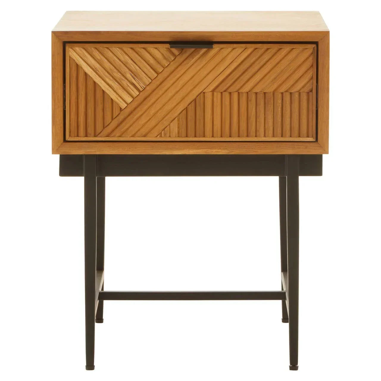 Oak wood bedside table with geometric drawer design and black metal legs, front view