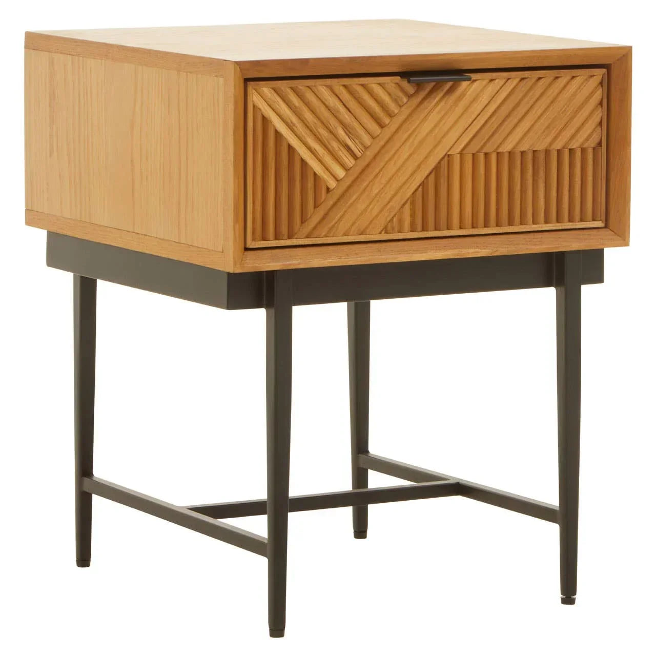 Wooden bedside table with patterned drawer and black metal legs, front angle view