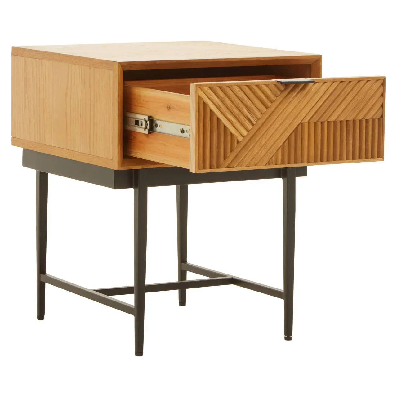 Wooden bedside table with metal legs and open drawer featuring geometric pattern