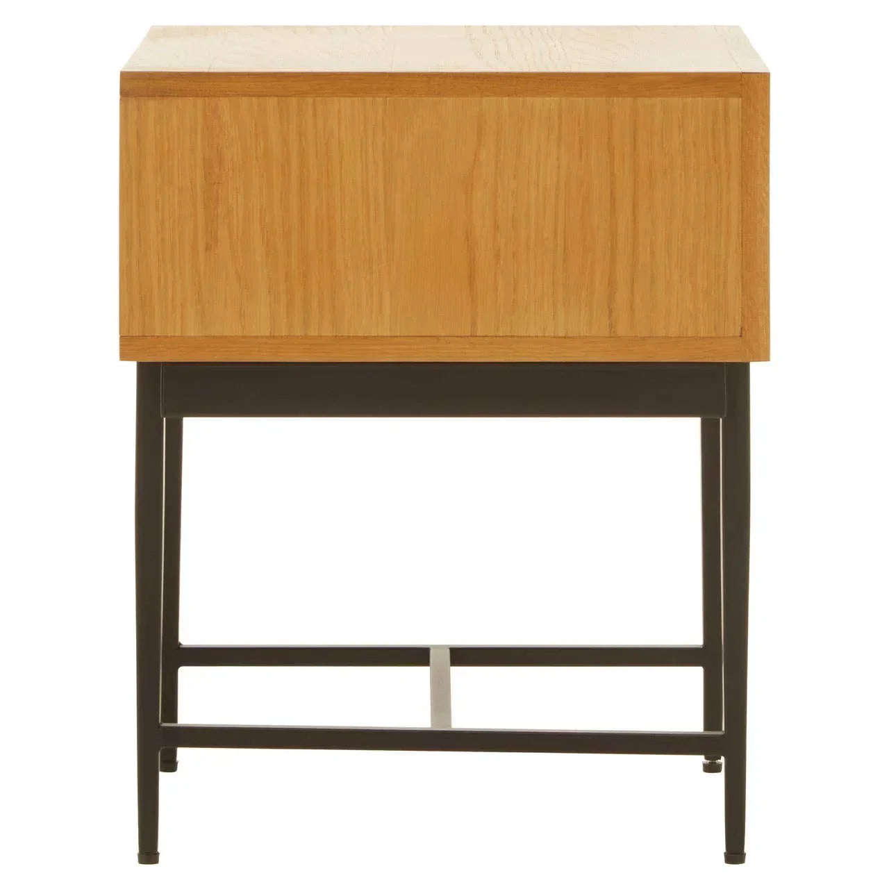Oak bedside table with black metal legs and a single drawer, front view