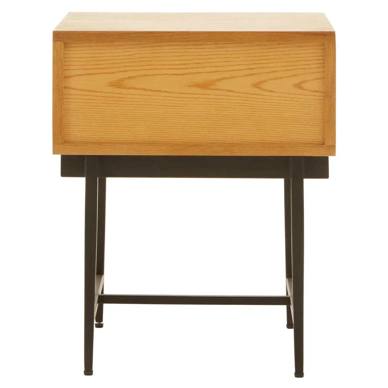 Modern wooden bedside table with black metal legs, front view