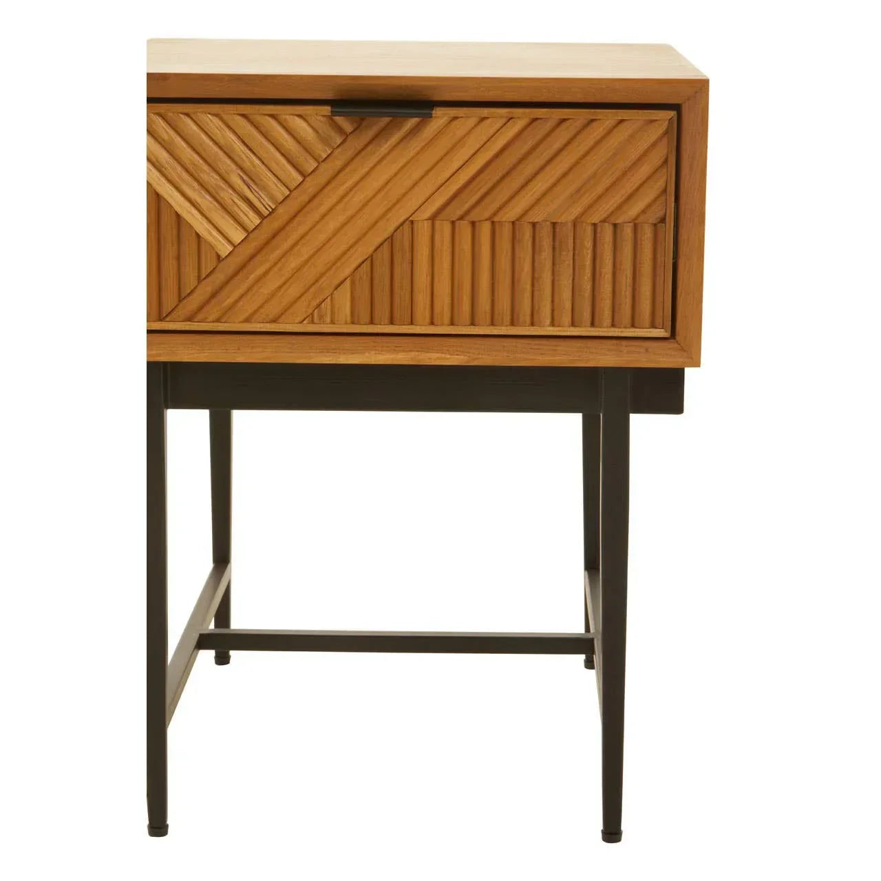 Wooden bedside table with textured drawer front and black metal legs, modern bedroom furniture