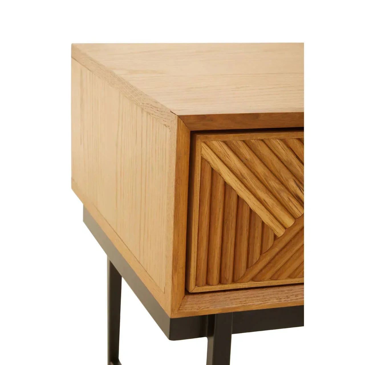 Oak wood side table with grooved drawer front and black metal legs, close-up view