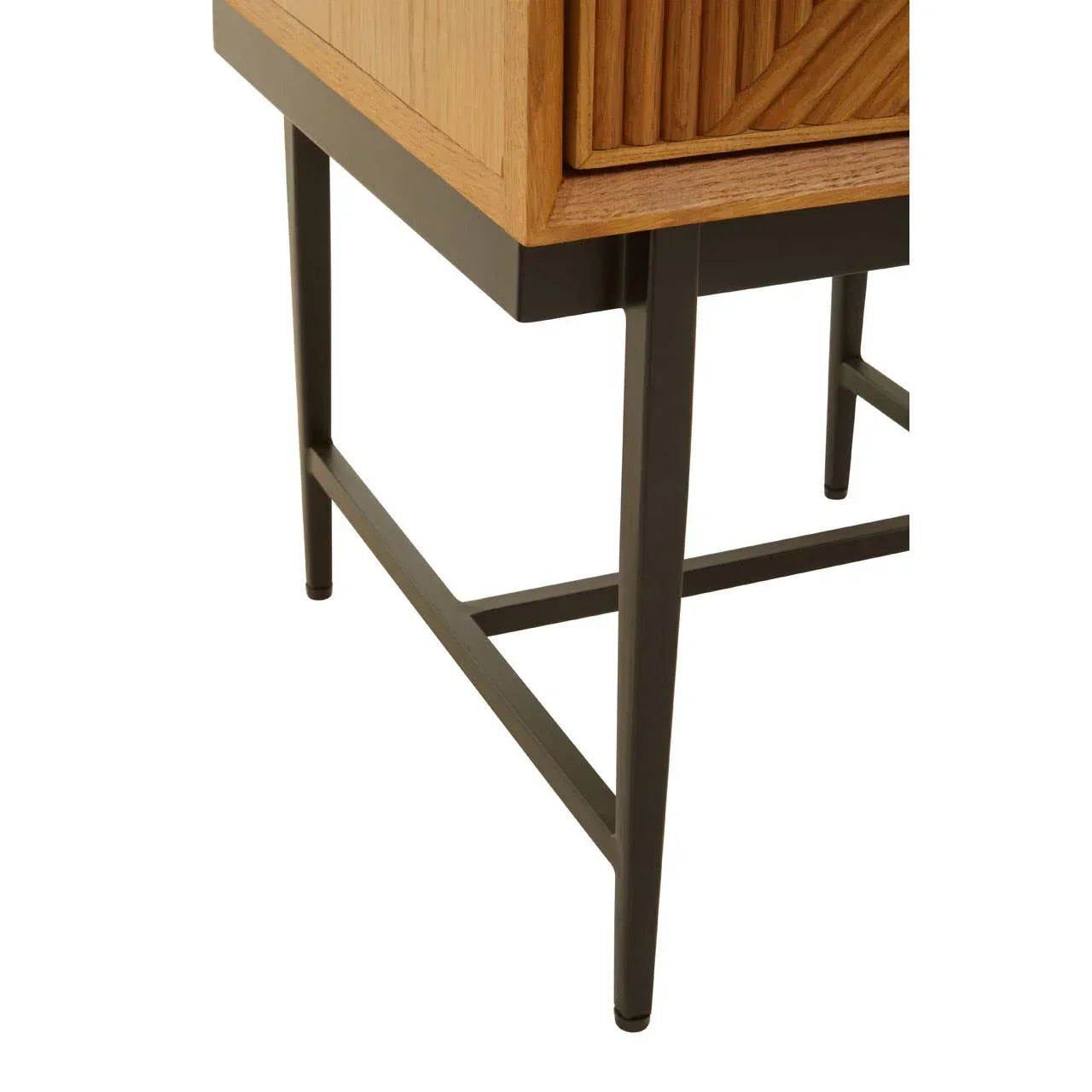 Close view of wooden sideboard with metal legs and textured geometric detail