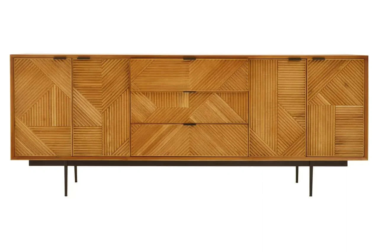 Rustic Wood Carved Sideboard with Metal Legs