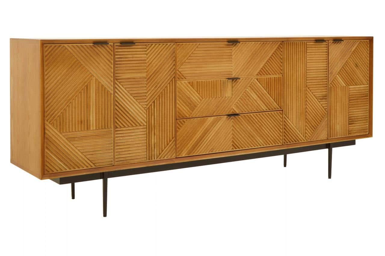 Rustic Wood Carved Sideboard with Metal Legs