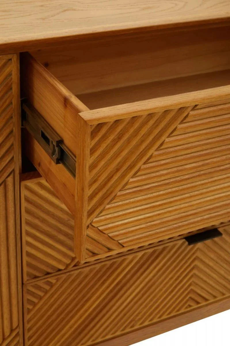 Rustic Wood Carved Sideboard with Metal Legs