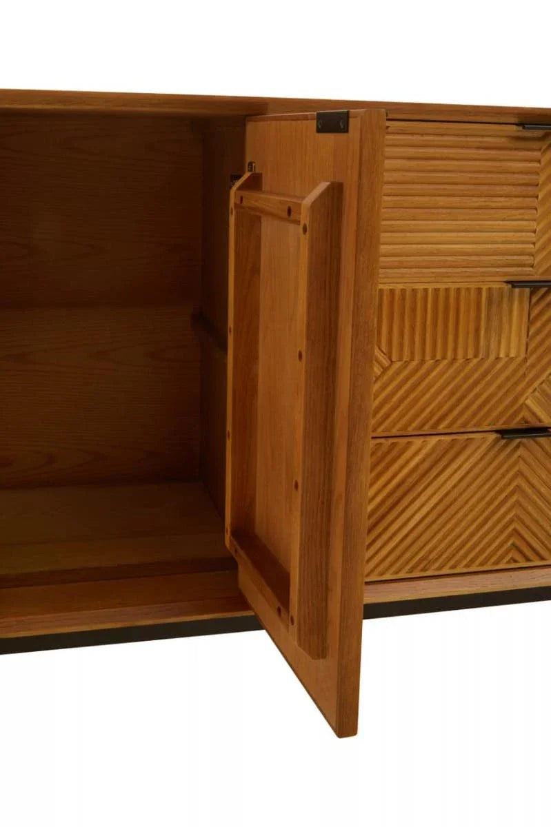 Rustic Wood Carved Sideboard with Metal Legs