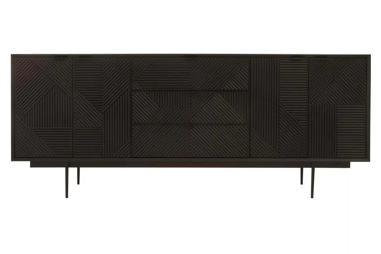Rustic Black Wood Sideboard with Abstract Carved Design