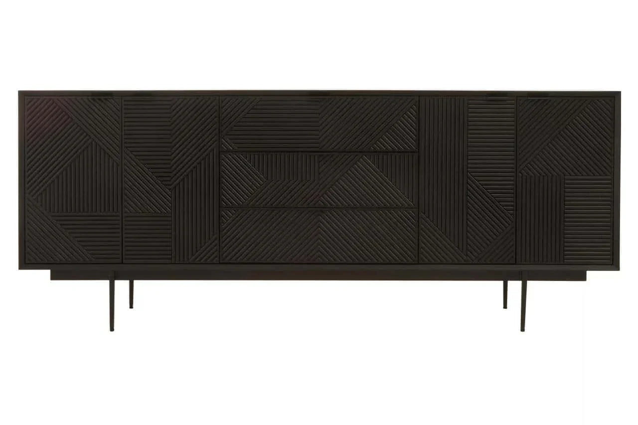Black sideboard with geometric carved wood pattern and slim metal legs