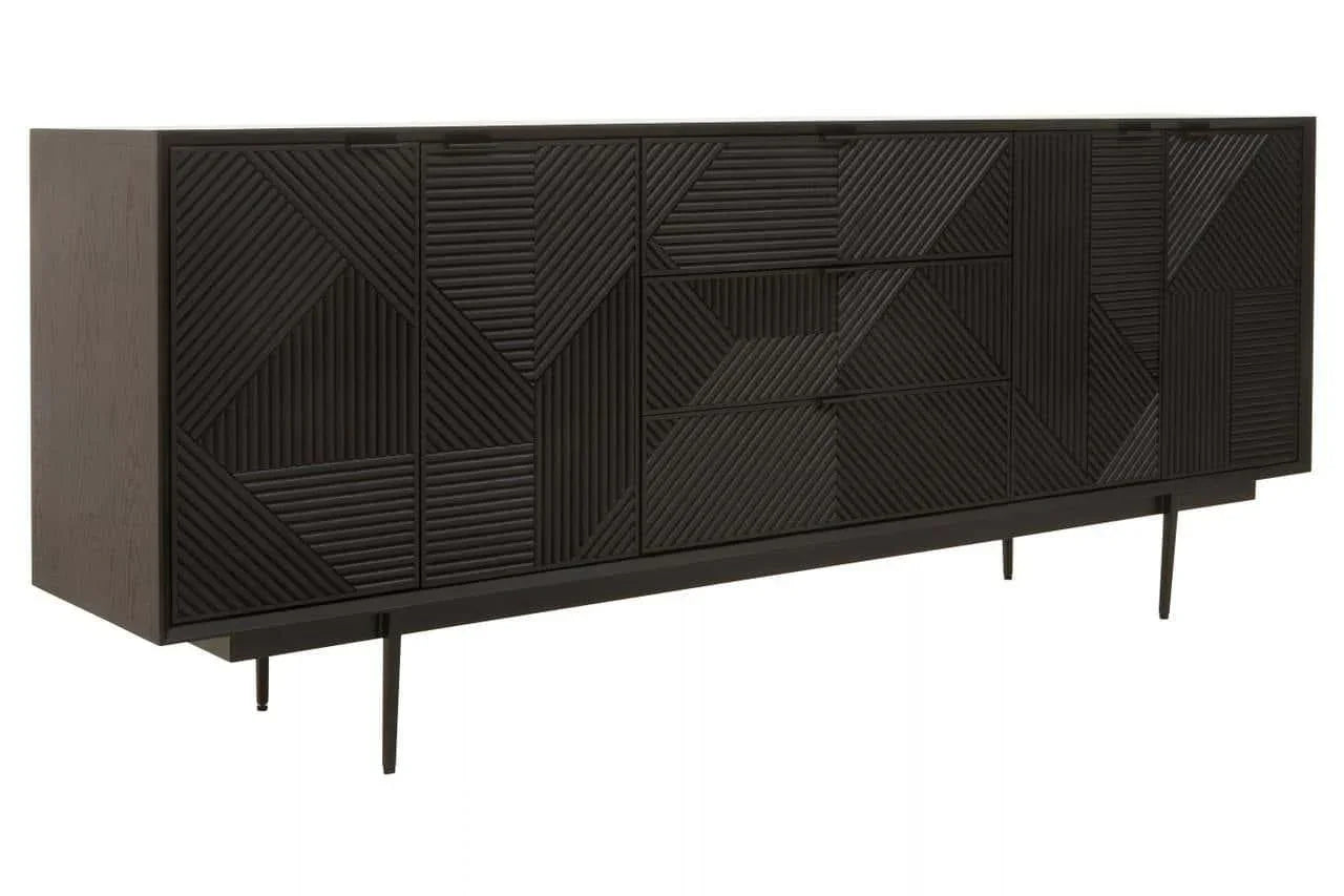 Black sideboard with geometric textured doors and slender metal legs