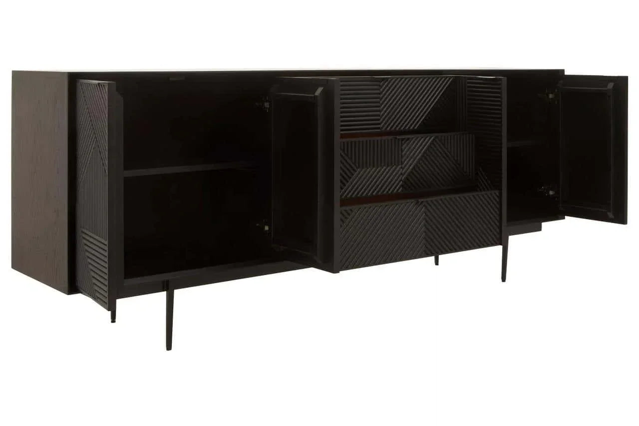 Black sideboard cabinet with geometric textured doors open, showing interior shelves