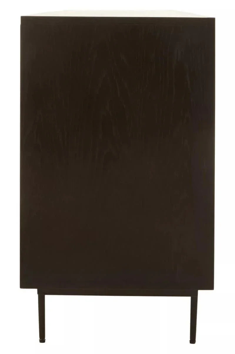 Side view of dark wood cabinet with black metal legs