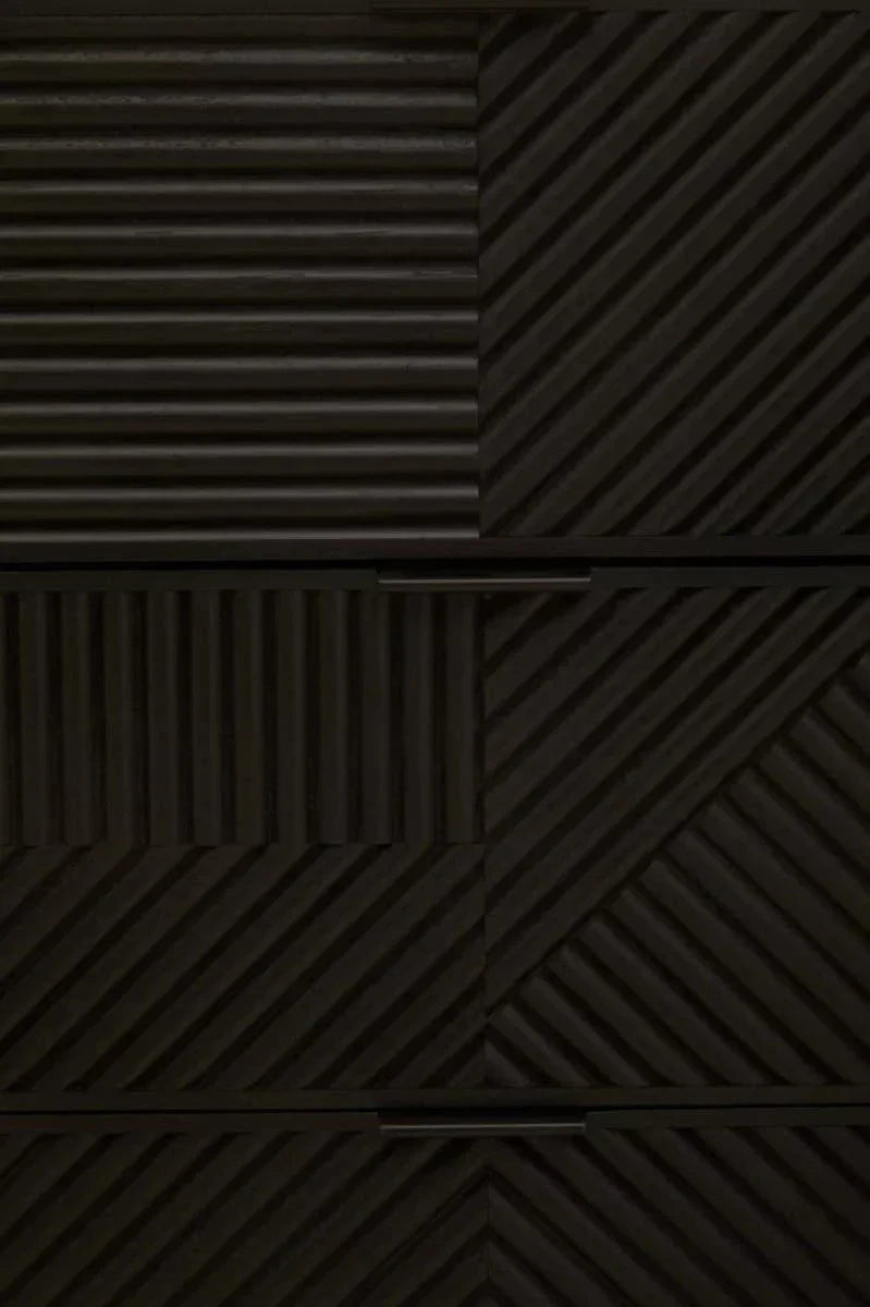 Black wood sideboard with geometric textured panels and horizontal handles