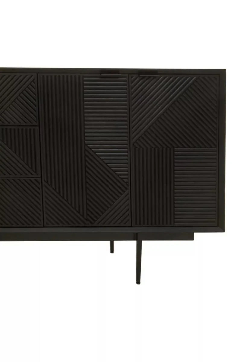 Black sideboard with geometric textured doors and slim legs, front angle view
