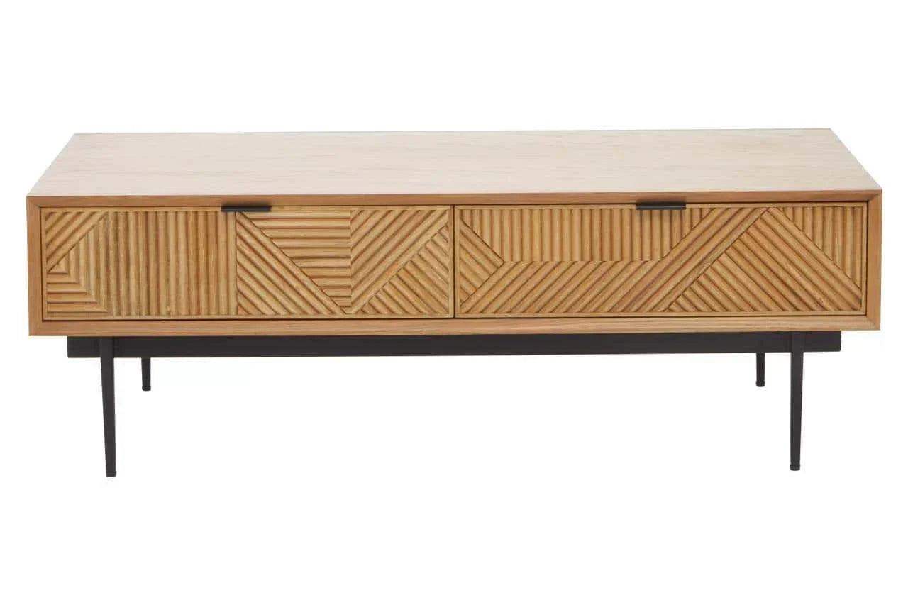 Wood coffee table with geometric carved drawers and black metal legs, front angle view
