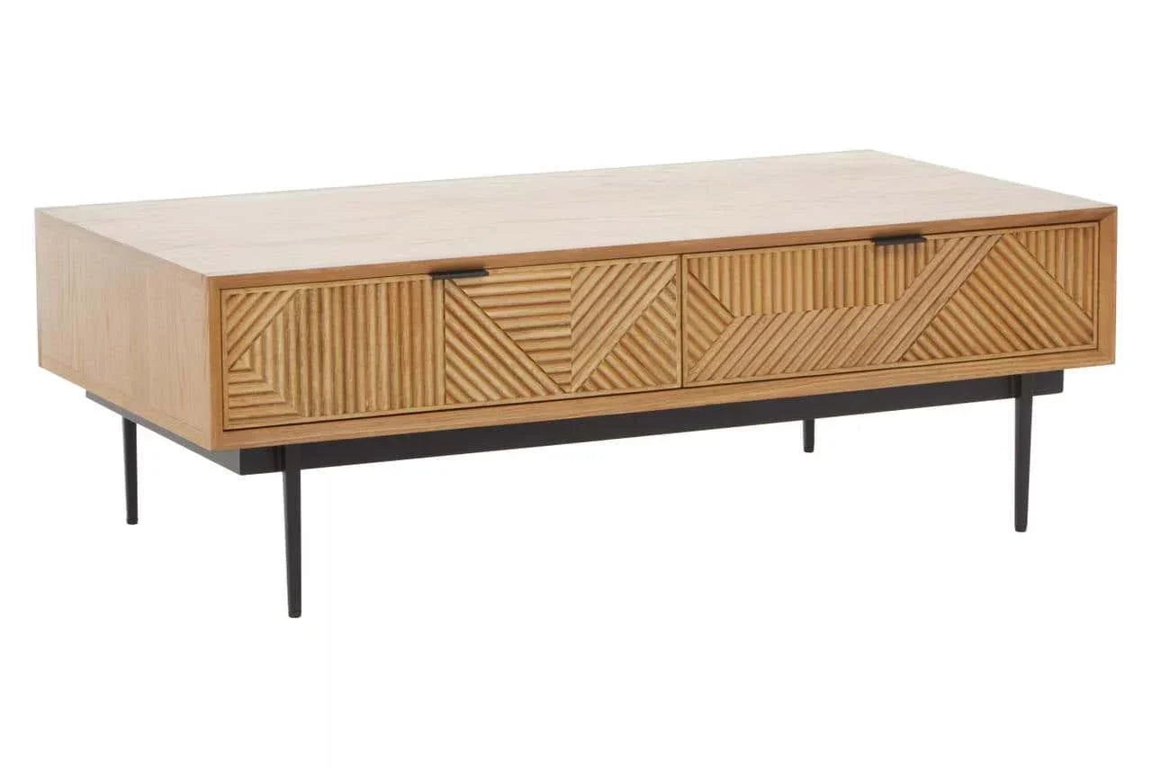Rectangular wooden coffee table with geometric carved drawers and black metal legs