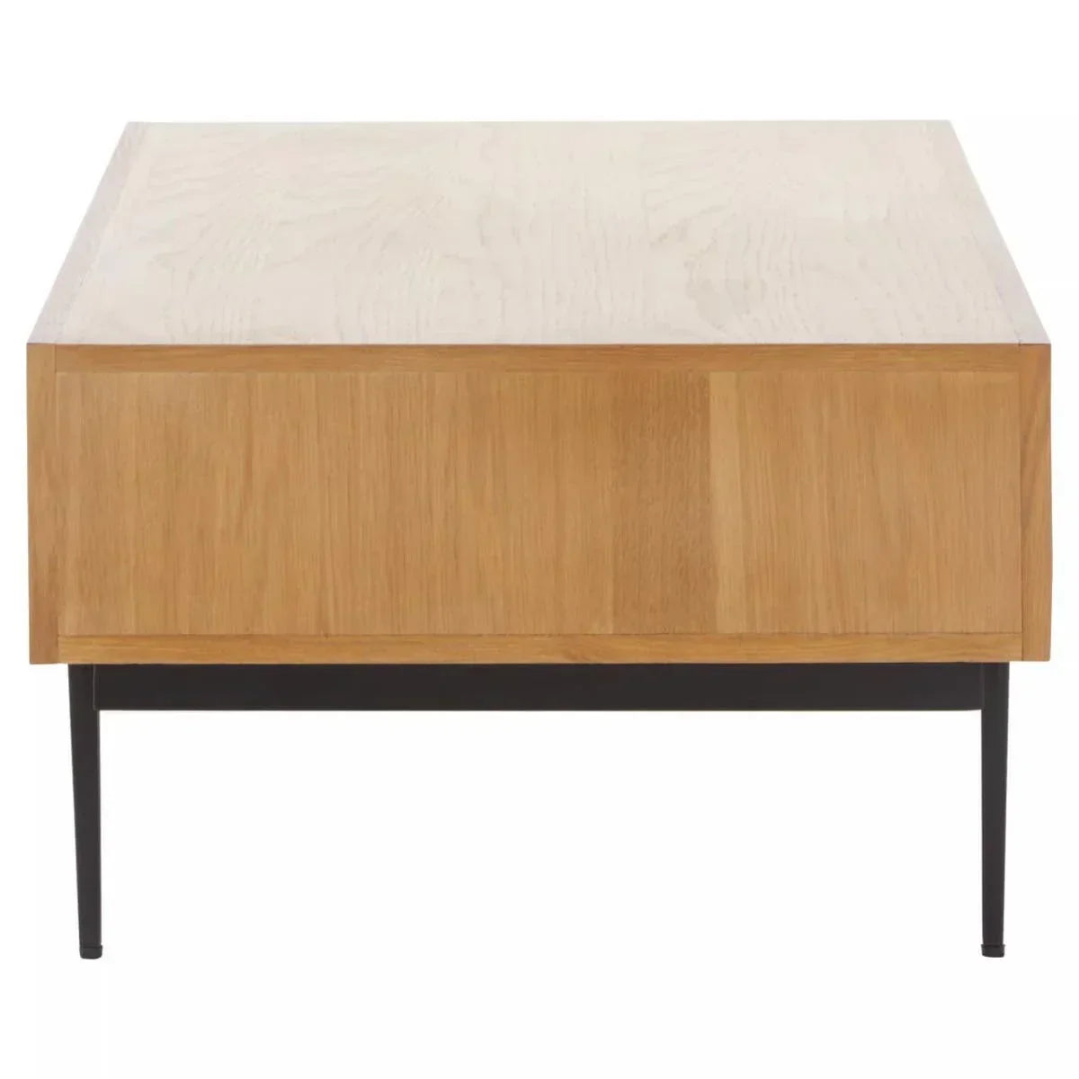 Rectangular oak coffee table with black metal legs, shown from the front on white background