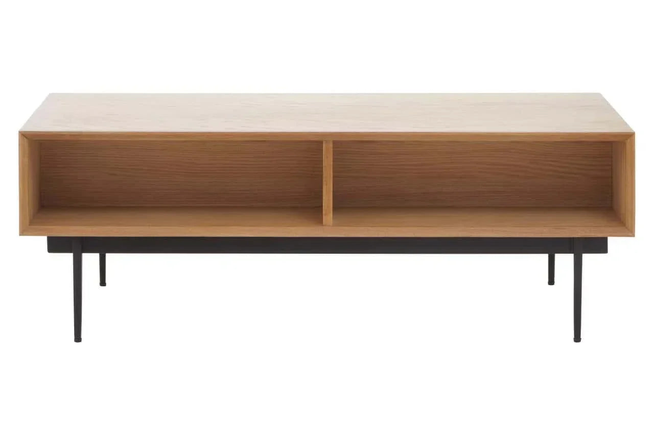 Rectangular wooden coffee table with open storage compartments and black metal legs