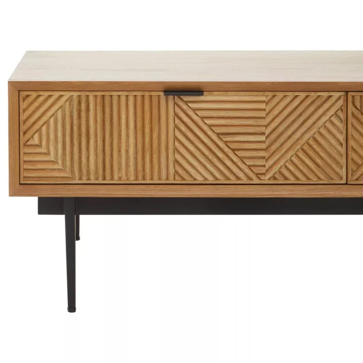 Wooden sideboard with geometric carved doors and black metal legs, front angle view