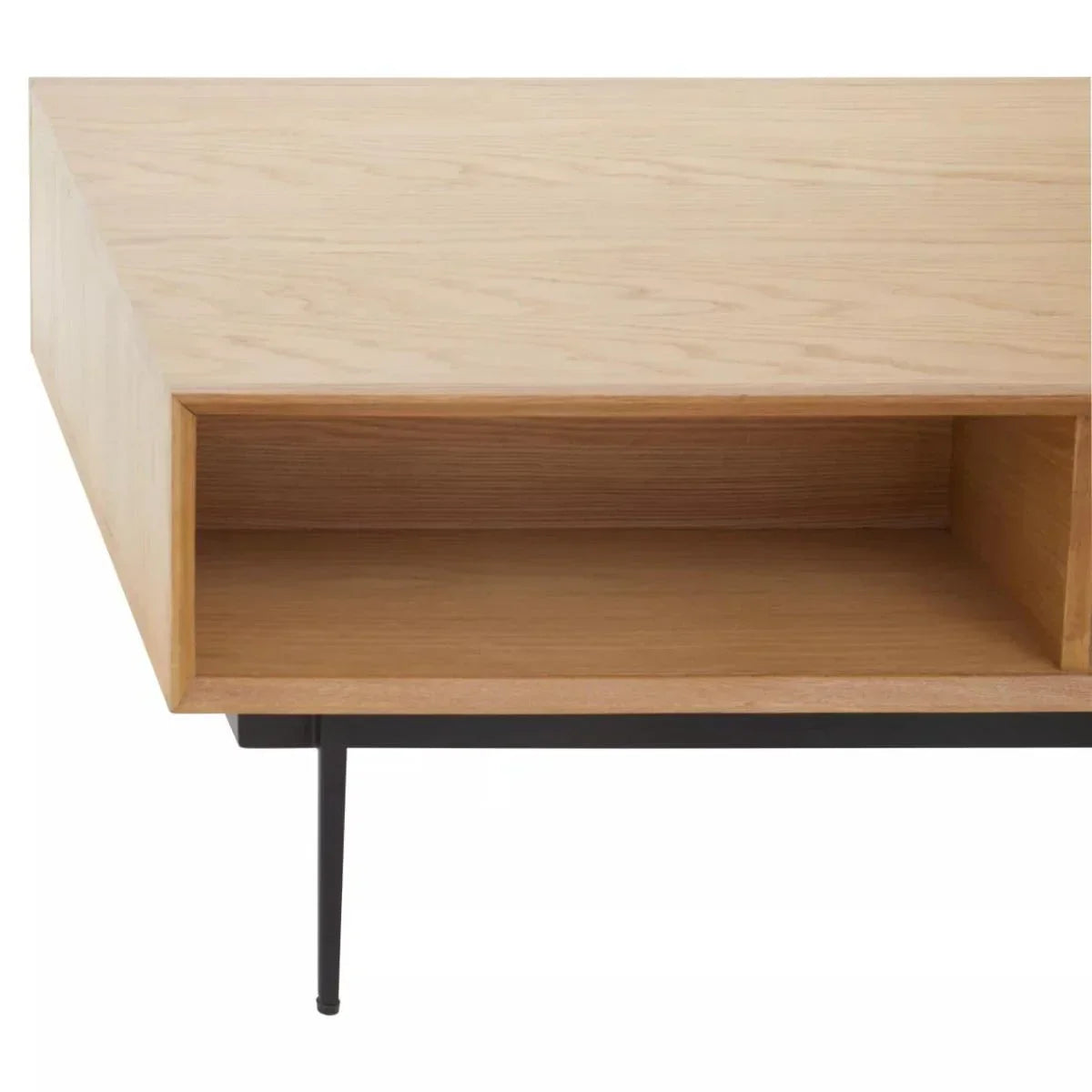 Light wood coffee table with open shelf and black metal legs, close-up corner view