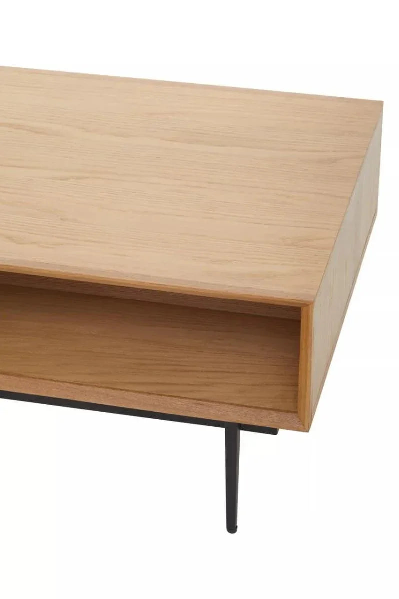 Oak coffee table with open shelf and black metal leg corner detail