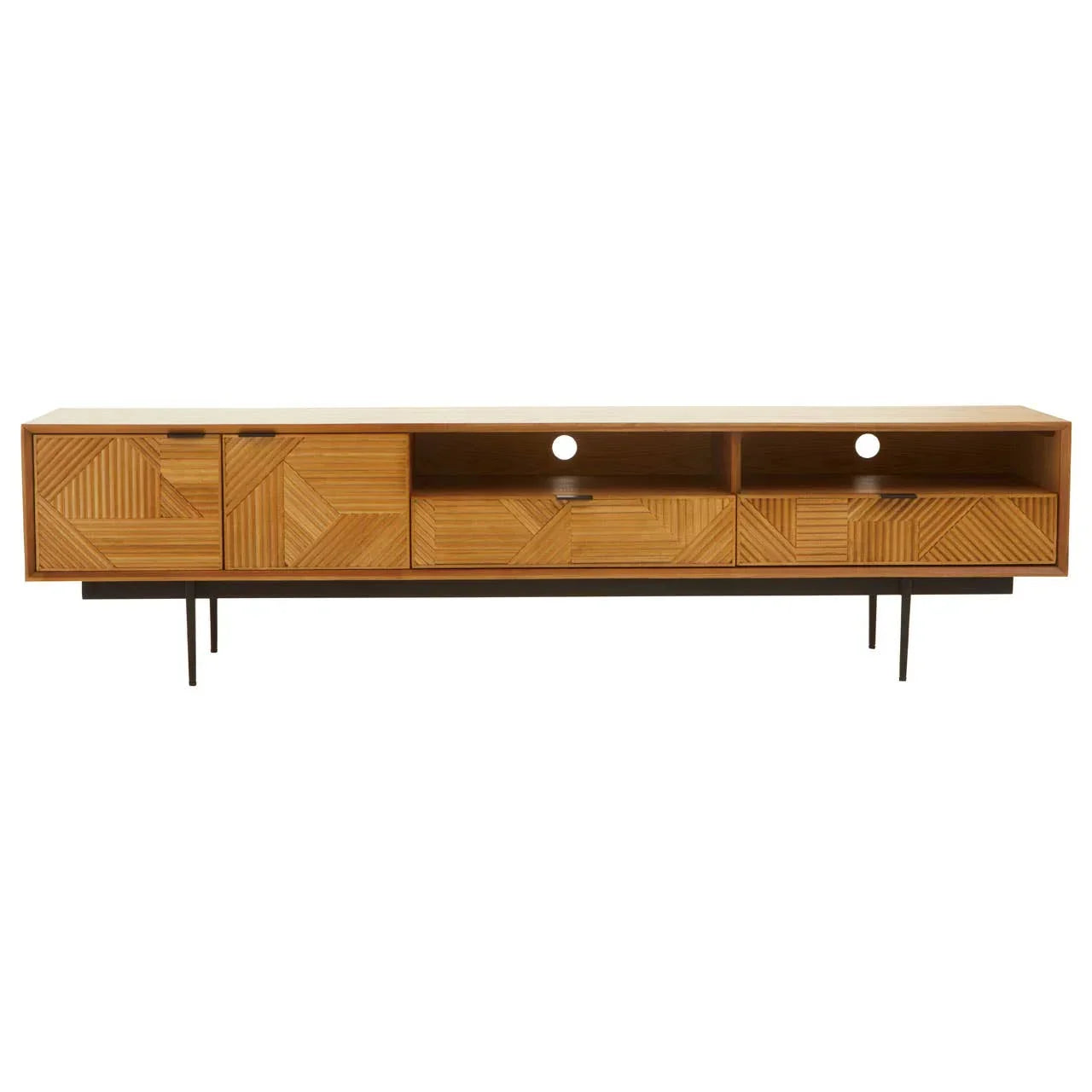Wooden TV unit with geometric patterned doors, open shelves, and slim black legs