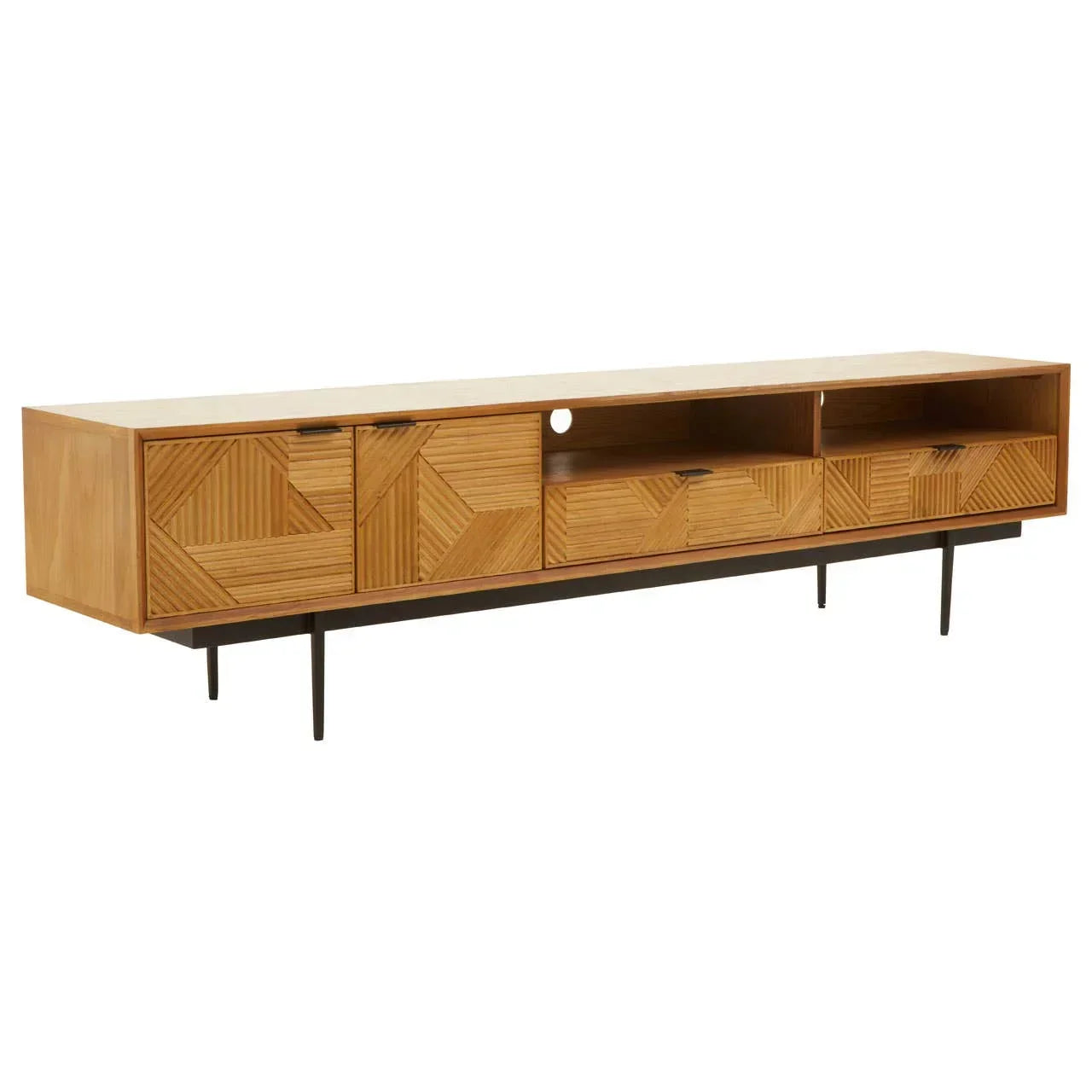 Oak TV unit with geometric patterned doors, open shelves, and slim black legs