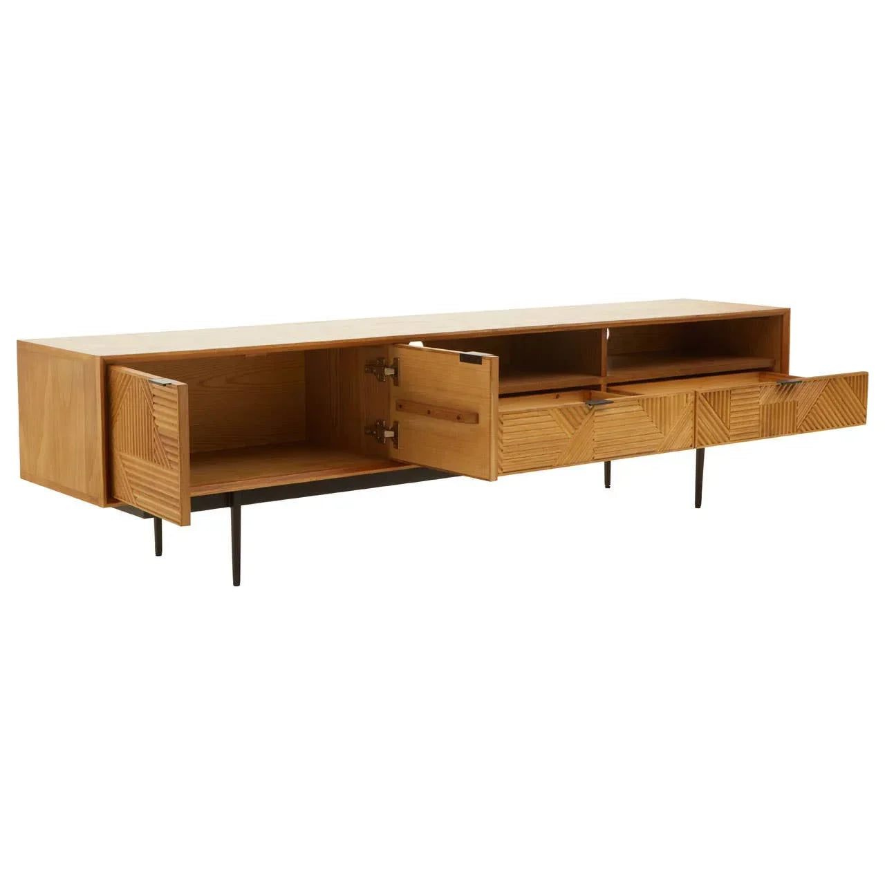 Oak wood TV unit with open doors and drawers, geometric patterns, black metal legs
