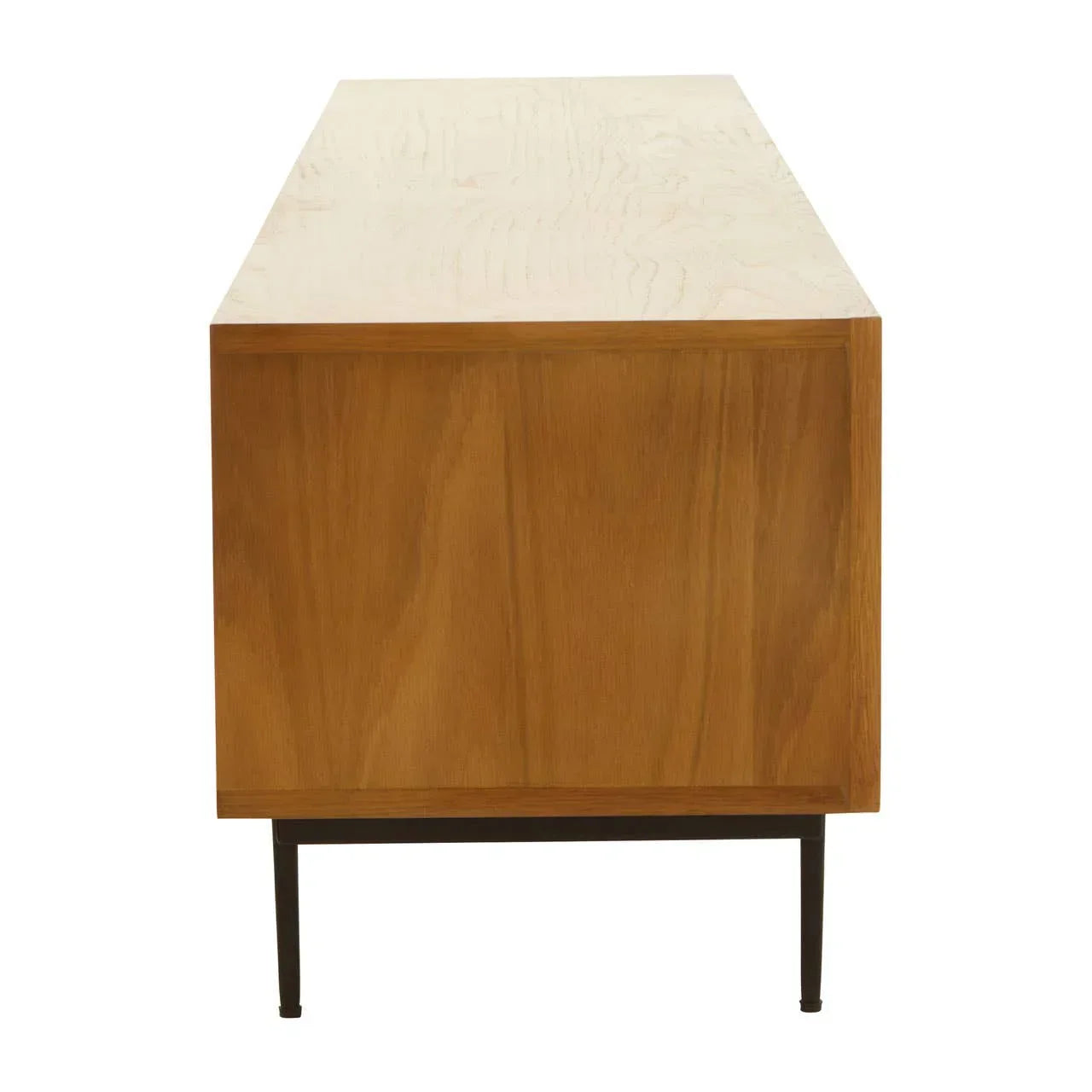 Side view of wooden sideboard with black metal legs on white background