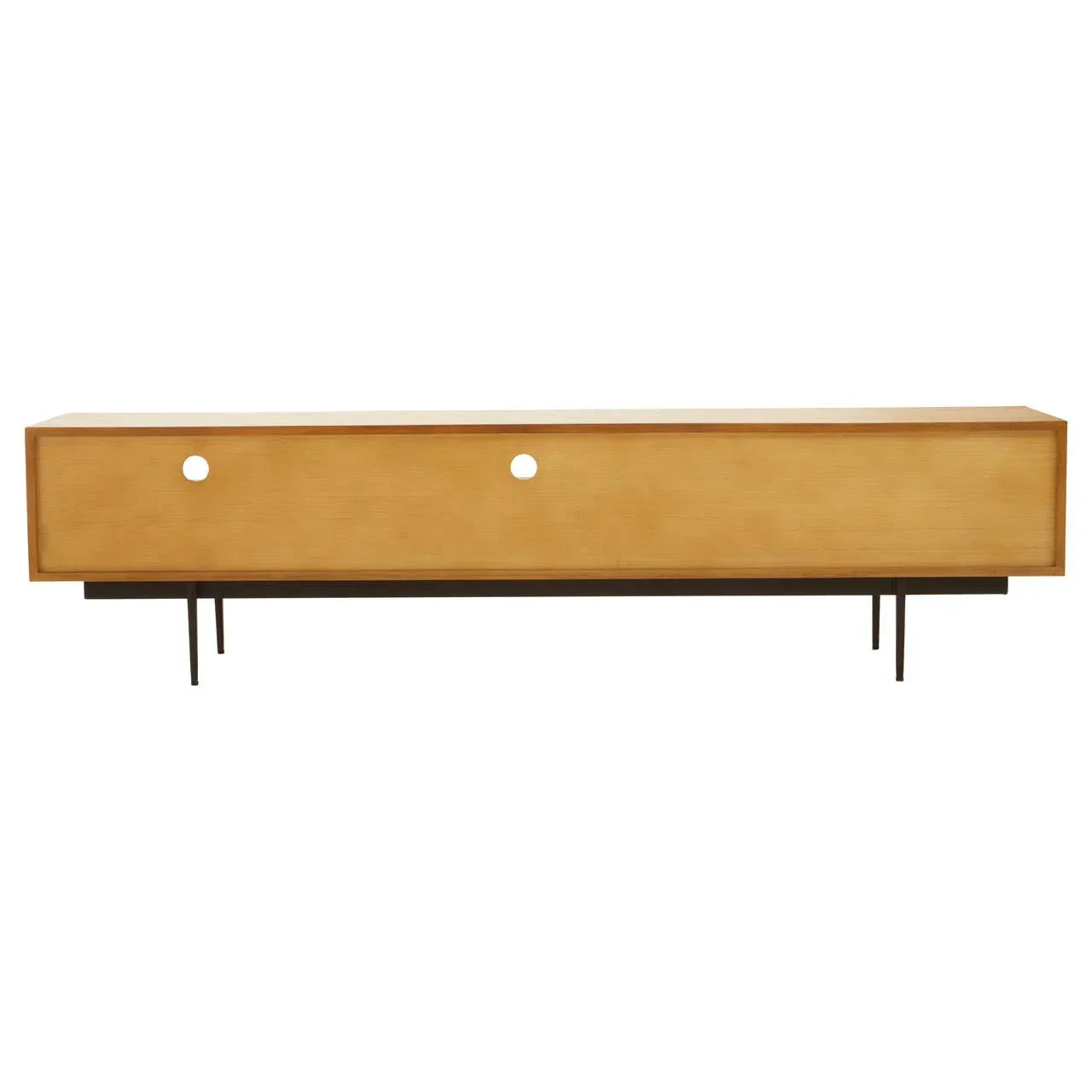 Modern wooden TV unit with natural finish and black metal legs, front view
