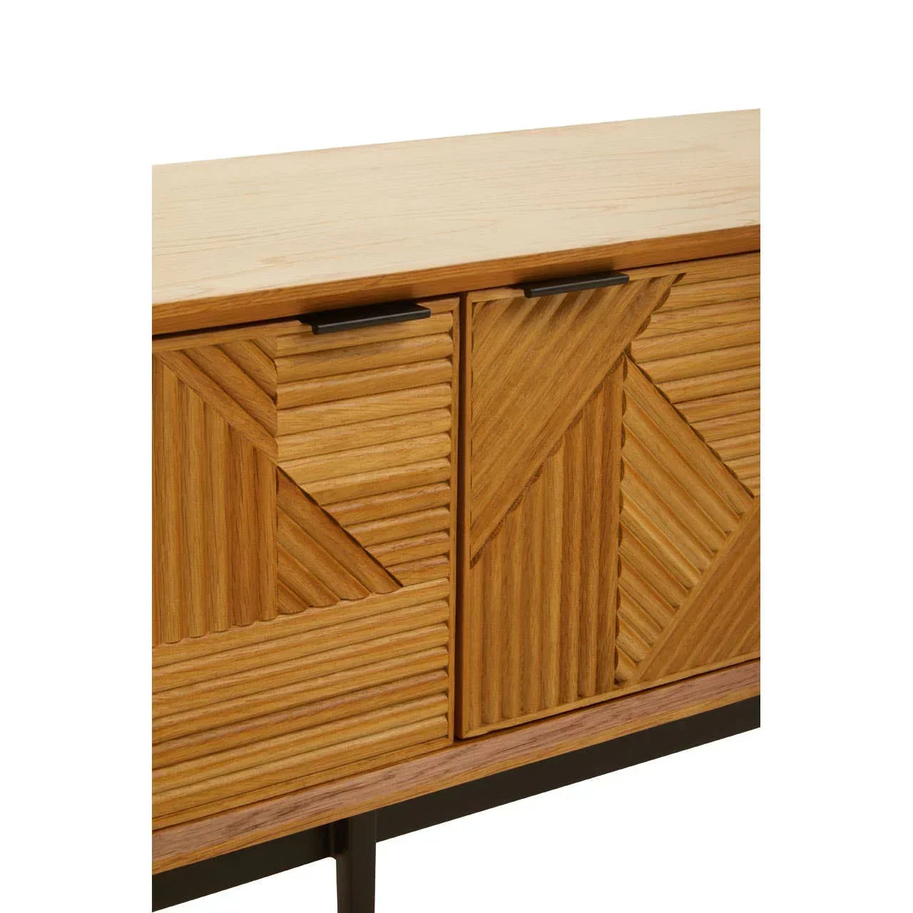 Wooden sideboard with carved geometric doors and black metal handles