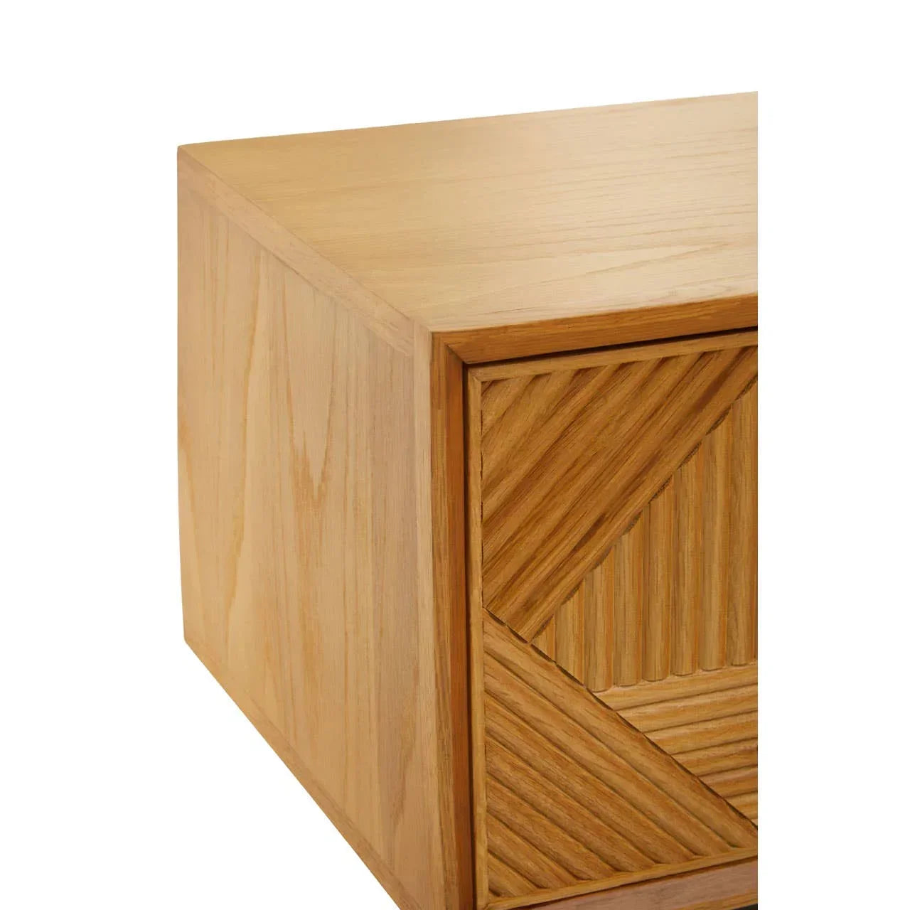 Light oak wood sideboard corner with geometric carved drawer front design