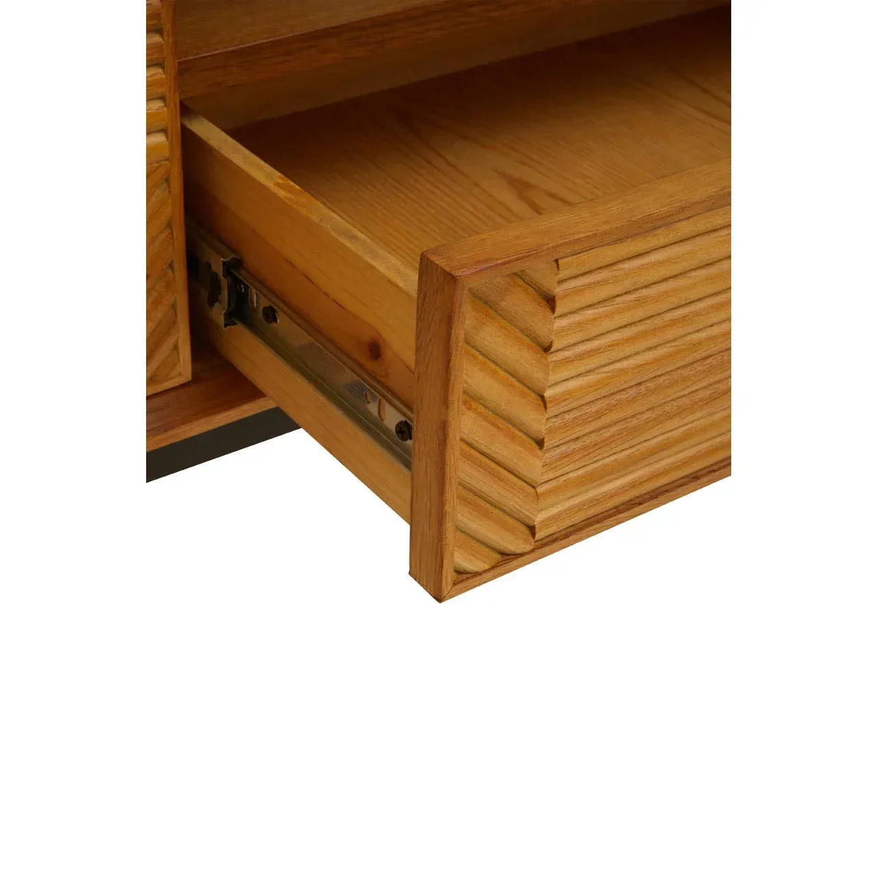 Close-up of wooden drawer with chevron pattern front and metal rail