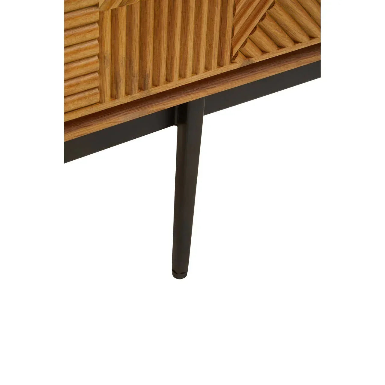 Wooden sideboard with black metal leg and textured geometric door detail