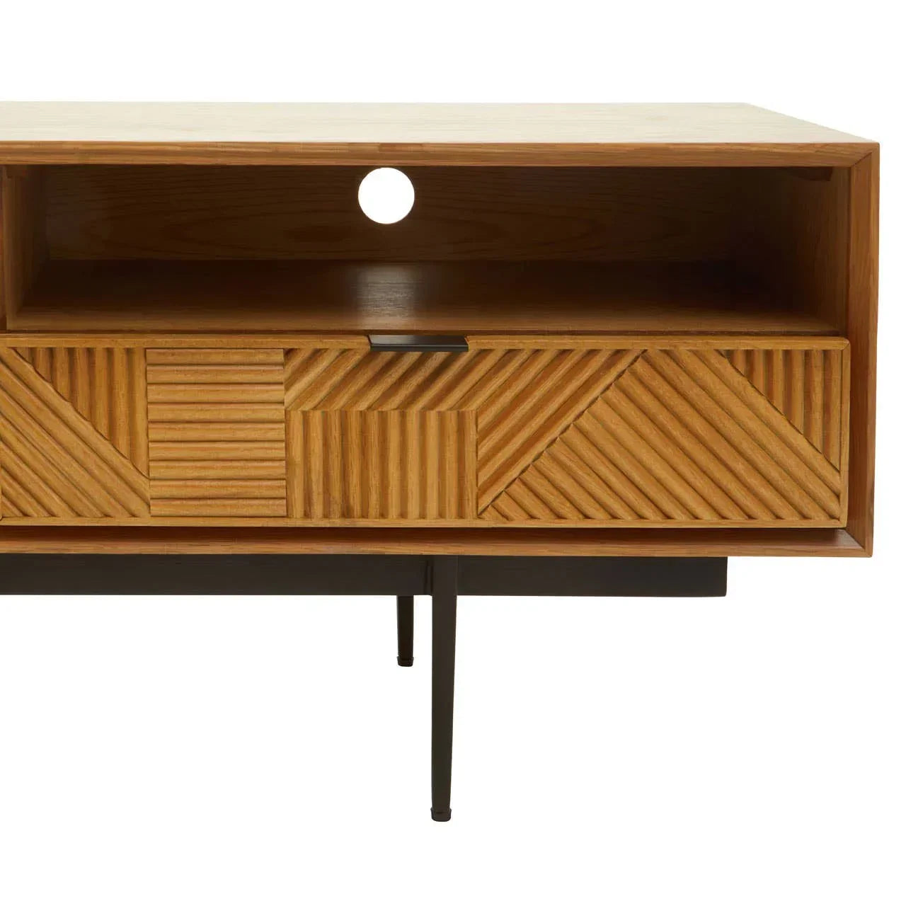 Wooden TV unit with geometric textured drawer front and open shelf on black metal legs