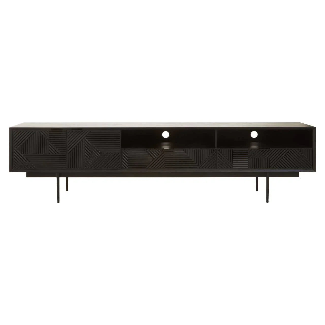 Black wood TV unit with geometric patterned doors, open shelves, and slim metal legs