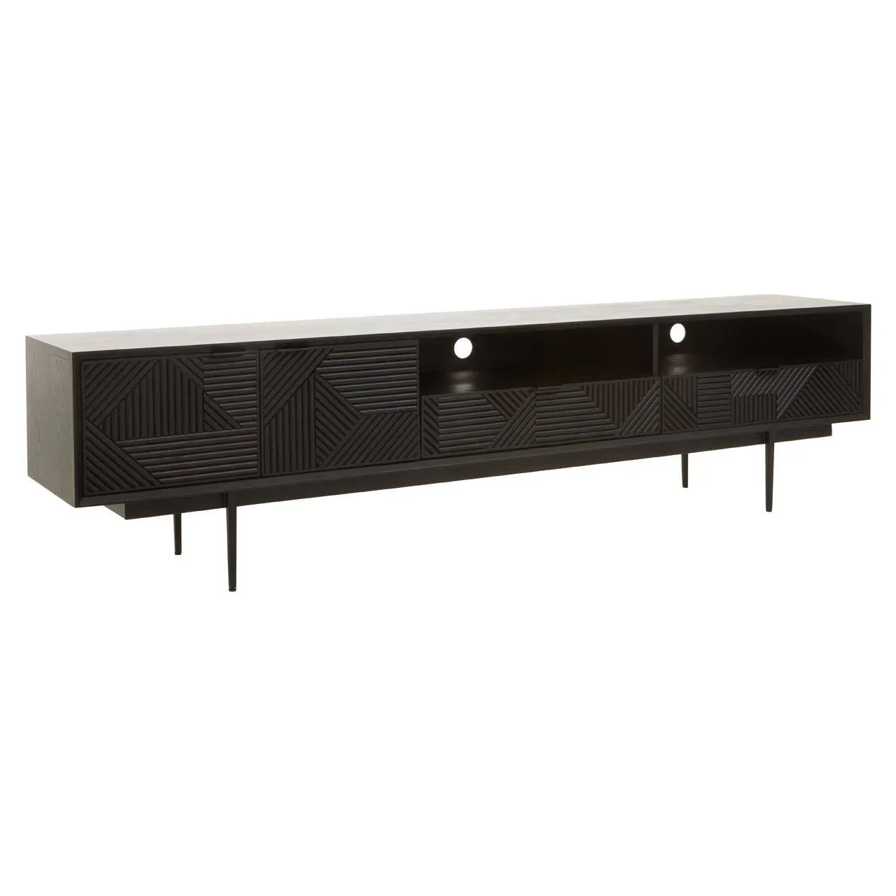 Black wood TV unit with geometric patterned doors, two open shelves, and cable holes