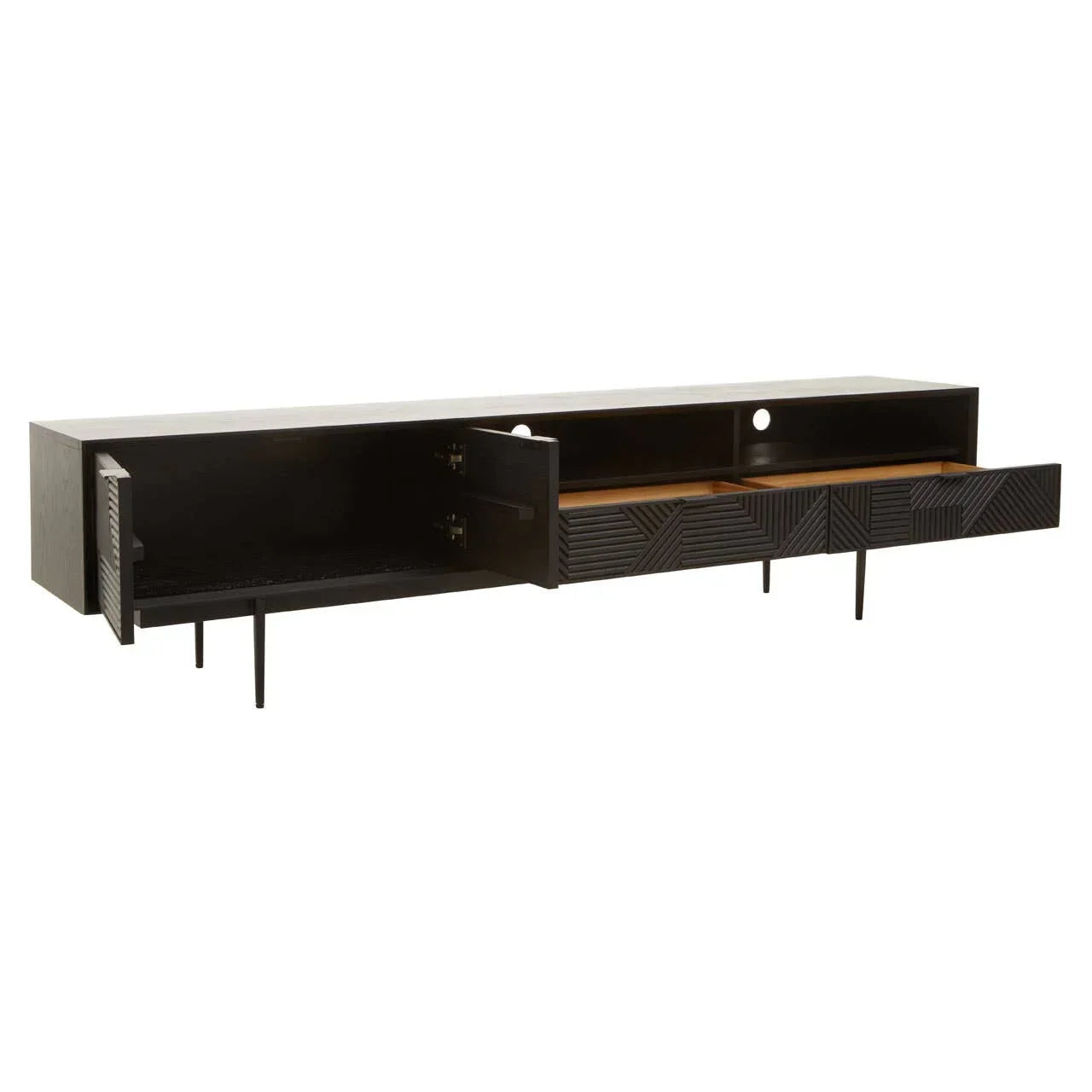Black wood TV unit with textured drawers, open shelving, and cabinet, shown with doors open