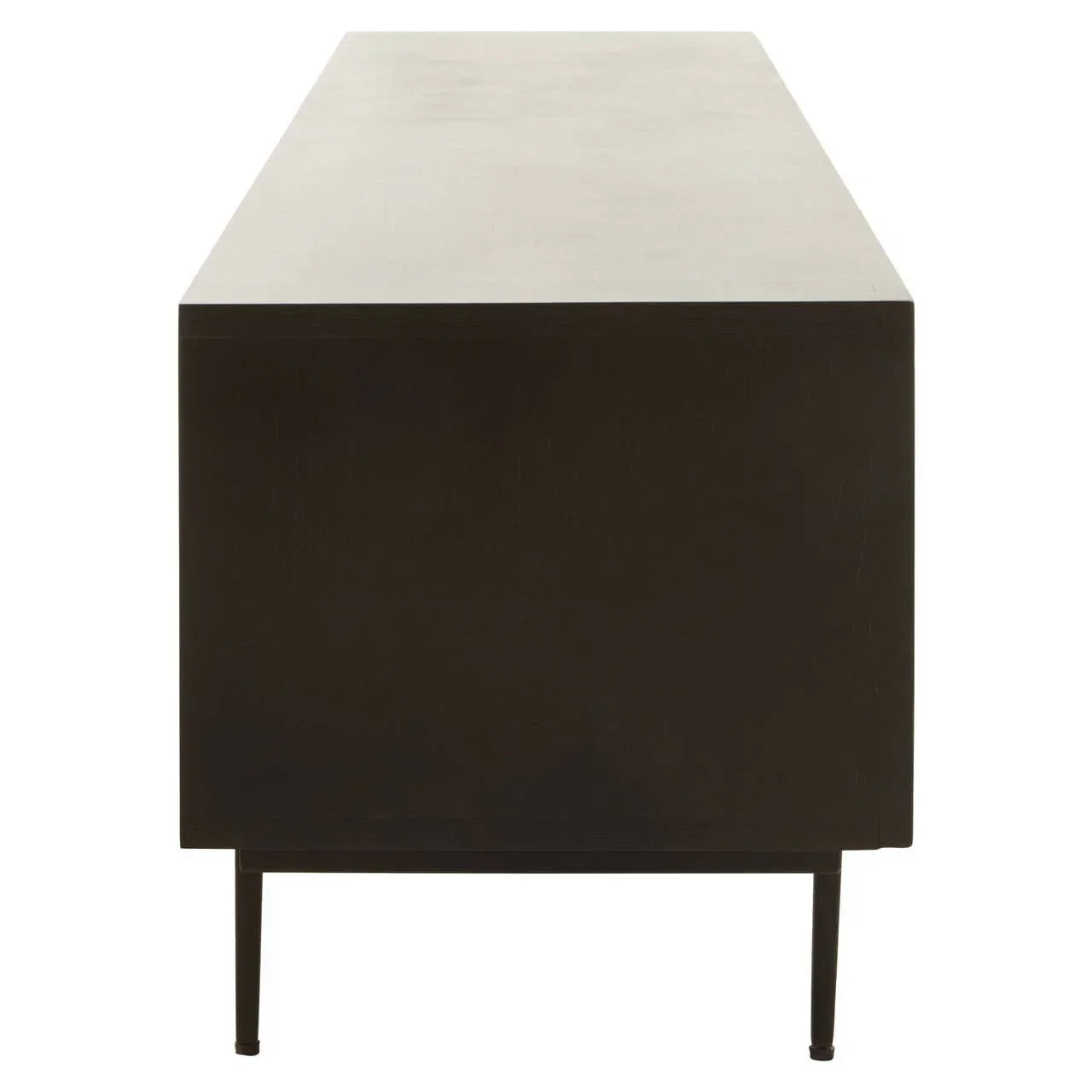 Side view of black wooden sideboard with slim metal legs