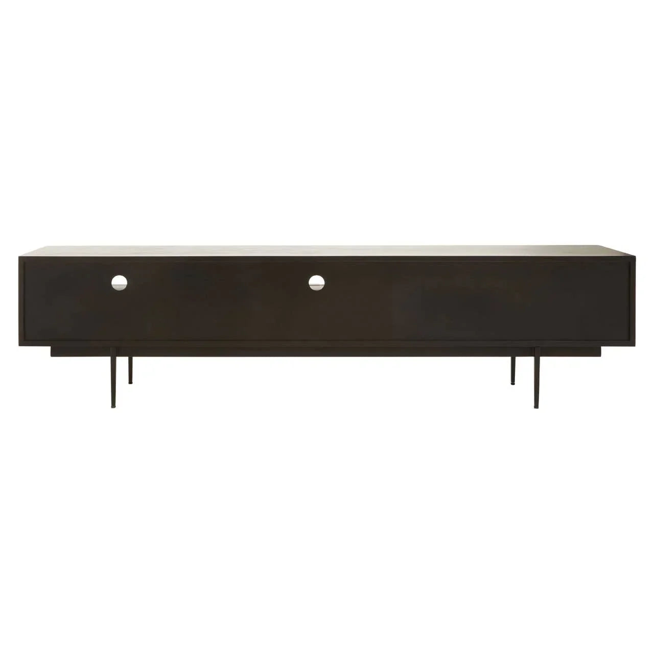 Modern black TV unit with slim metal legs and two cable management holes on front panel