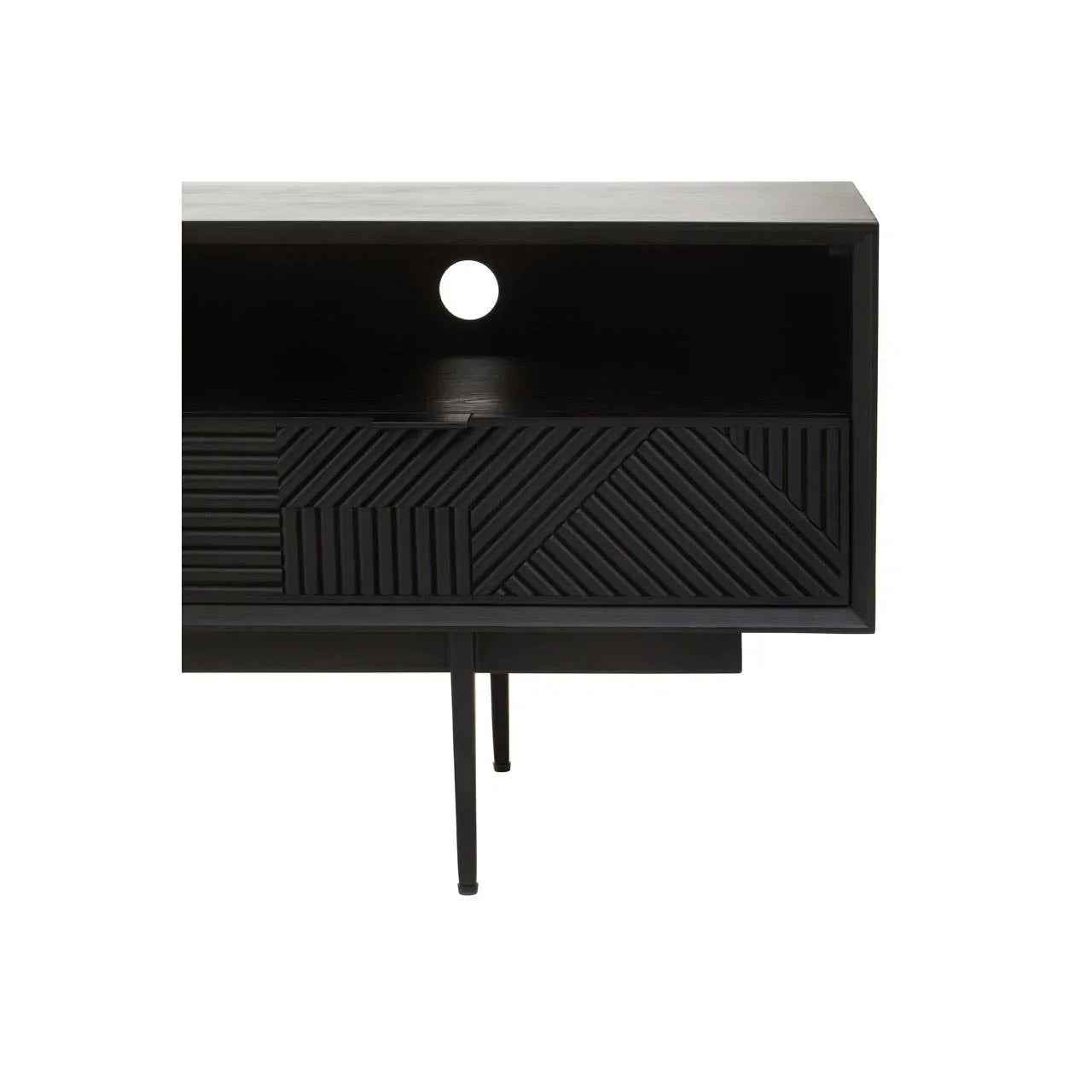 Black wooden TV unit with geometric textured drawer and open shelf, partial side view