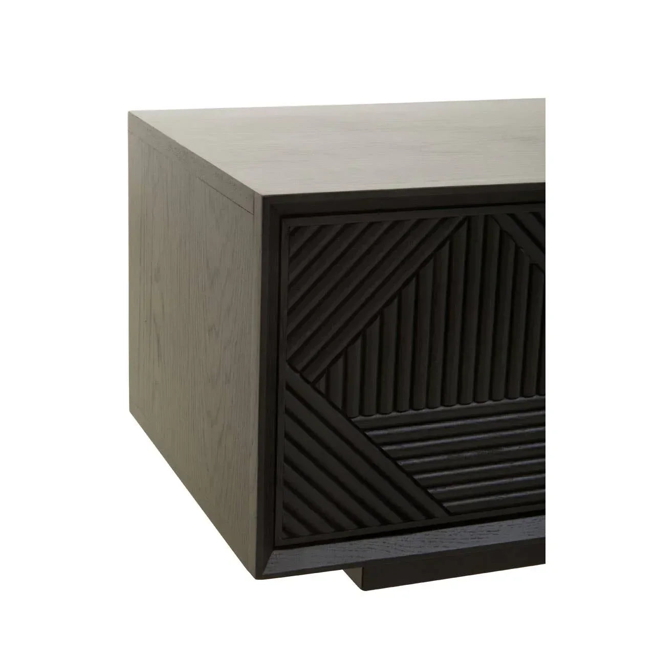 Black wood coffee table with geometric carved front corner view